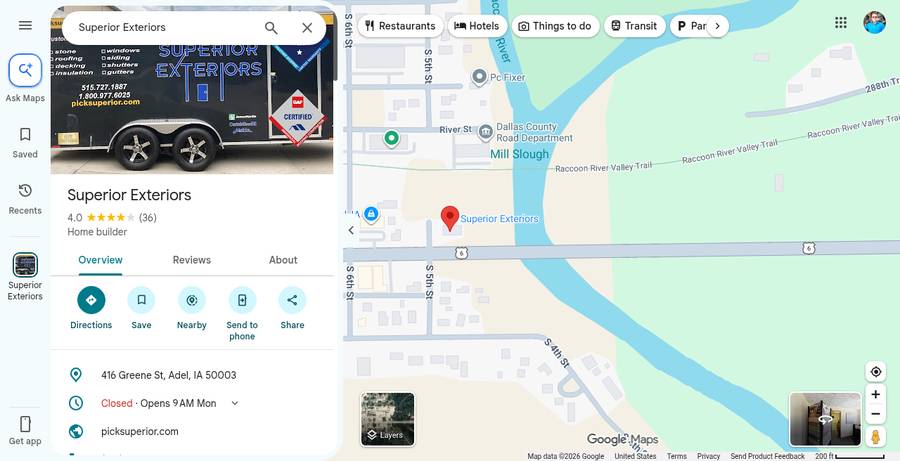 Google Business overview for Superior Exteriors in Adel
