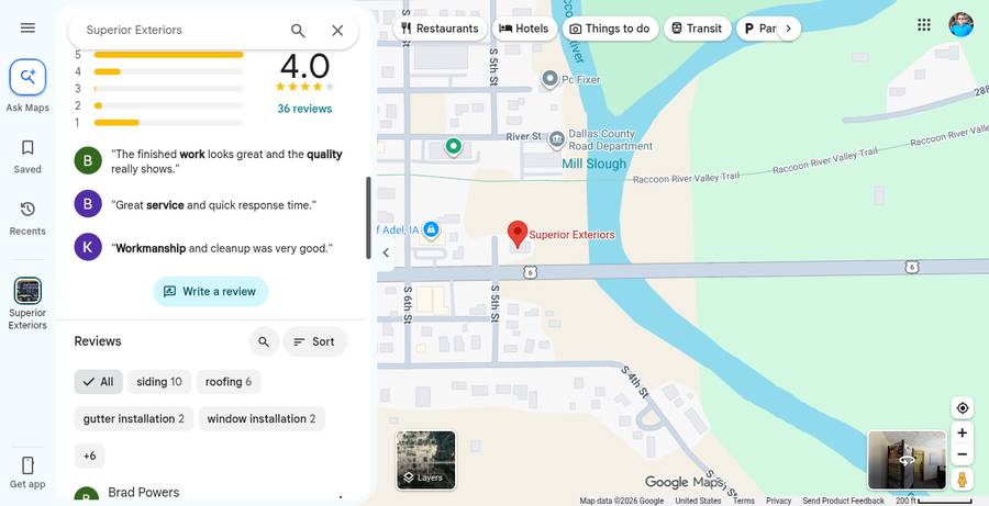 Google listing for Superior Exteriors showing 4.0 stars from 36 reviews